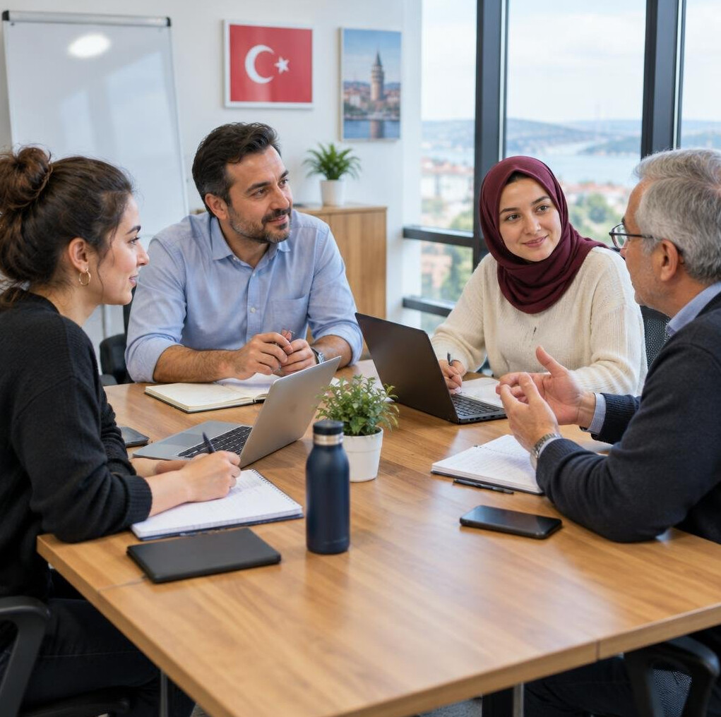 Group of colleagues talking around a table during a communication workshop