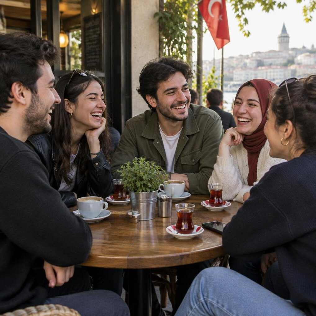 Friends laughing together around a table